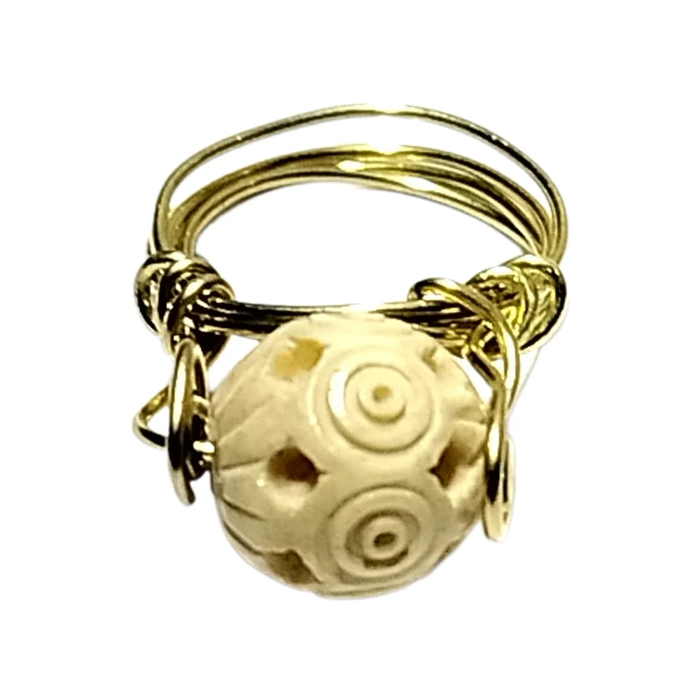 Elegant Gold Wire Wrapped Ring with Carved Stone